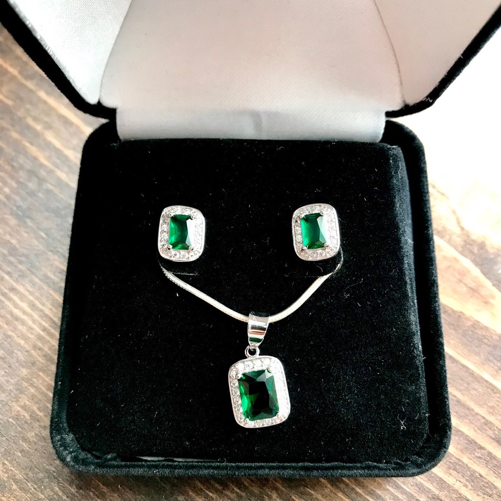 Emerald Sterling Silver Earrings and Necklace Set